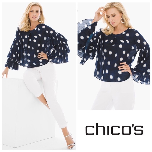 New! CHICO’S Black Label Polka Dot Tier-Sleeve Top - Picture 1 of 14